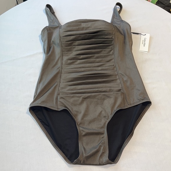 Calvin Klein Pleated One Piece Swimsuit, Bronze, 16 - Picture 2 of 10